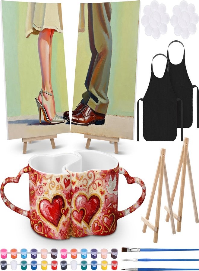 Vesici 16 Pcs Date Night Painting Kit for Couples Sip and Paint Kit for Adults Couples Paint by Numbers 2 Pack Heart Ceramic Couple Mug and Painting Accessories for Date Night, 2 Pack 8" x 12" - Image 1