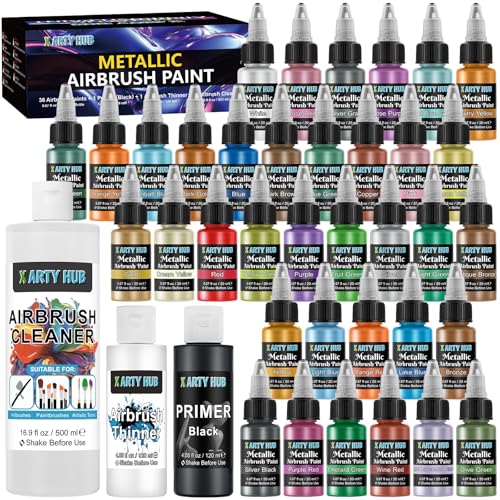 X ARTY HUB Metallic Airbrush Paint Kit, 36 Colors with 4.05 fl oz Black Primer & Thinner and 16.9 fl oz Cleaner, Ready to Spray Acrylic Paint, Water-Based Air Brush Painting Set for Artist & Beginner - Image 1
