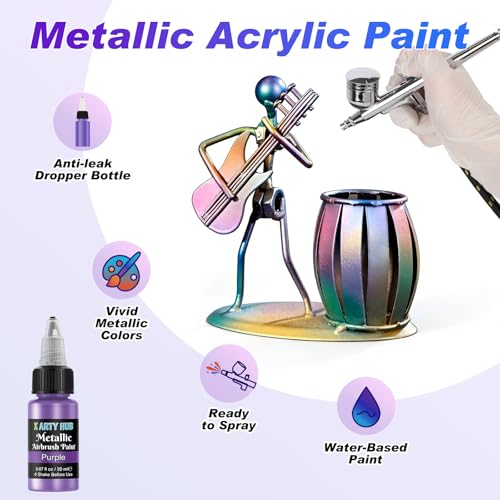 X ARTY HUB Metallic Airbrush Paint Kit, 36 Colors with 4.05 fl oz Black Primer & Thinner and 16.9 fl oz Cleaner, Ready to Spray Acrylic Paint, Water-Based Air Brush Painting Set for Artist & Beginner - Image 3