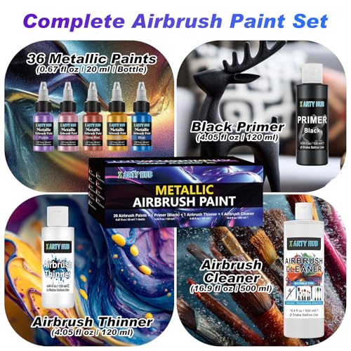 X ARTY HUB Metallic Airbrush Paint Kit, 36 Colors with 4.05 fl oz Black Primer & Thinner and 16.9 fl oz Cleaner, Ready to Spray Acrylic Paint, Water-Based Air Brush Painting Set for Artist & Beginner - Image 4
