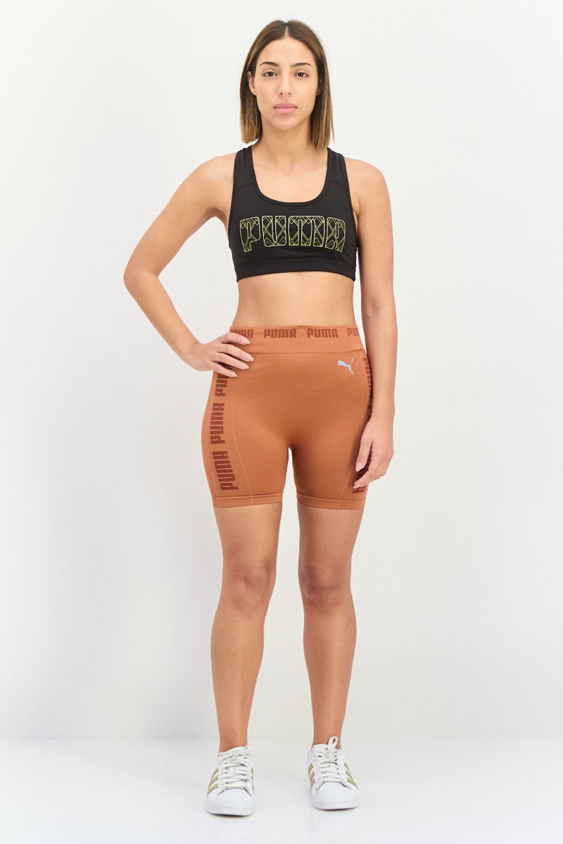 PUMA حمالة صدر رياضية مبطنة بشعار العلامة التجارية للنساء، أسود/ذهبي - Image 2