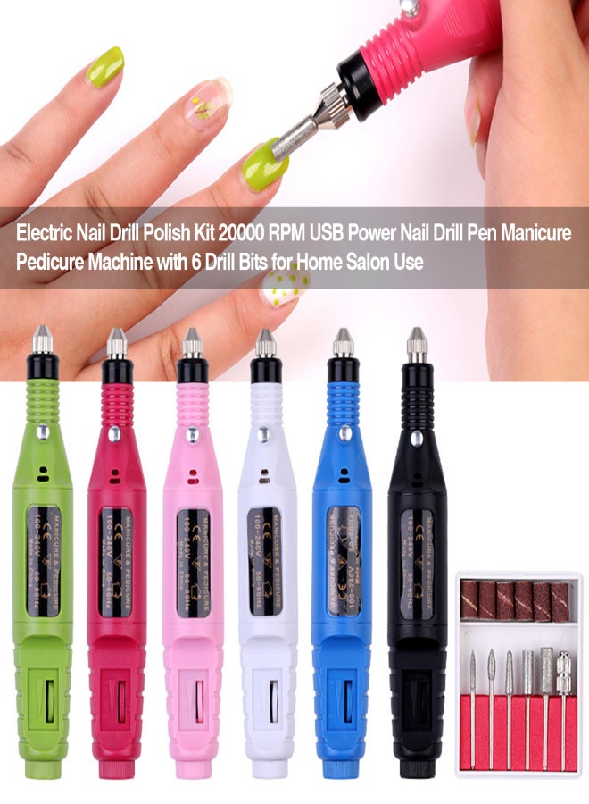 Electric Nail Drill Polish Kit 20000 RPM USB Power Nail Drill Pen Manicure Pedicure Machine with 6 Drill Bits for Home Salon Use - Image 3