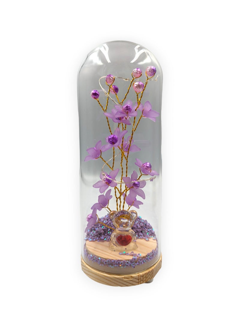 UNT Wish Tree With Tiny Teddy Bear and Glitter in Glass Dome - Image 1