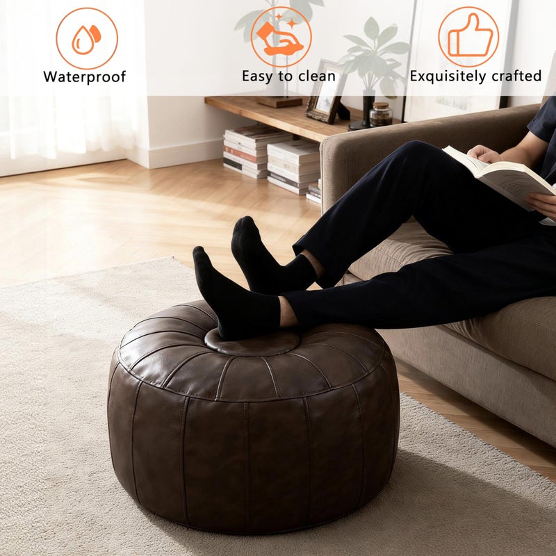 Thgonwid Unstuffed Moroccan Storage Pouf Foot Stool Ottoman Seat Handmade Faux Leather Bean Bag Floor Chair Foot Rest for Living Room, Bedroom or Balcony (Deep Coffee) - Image 2