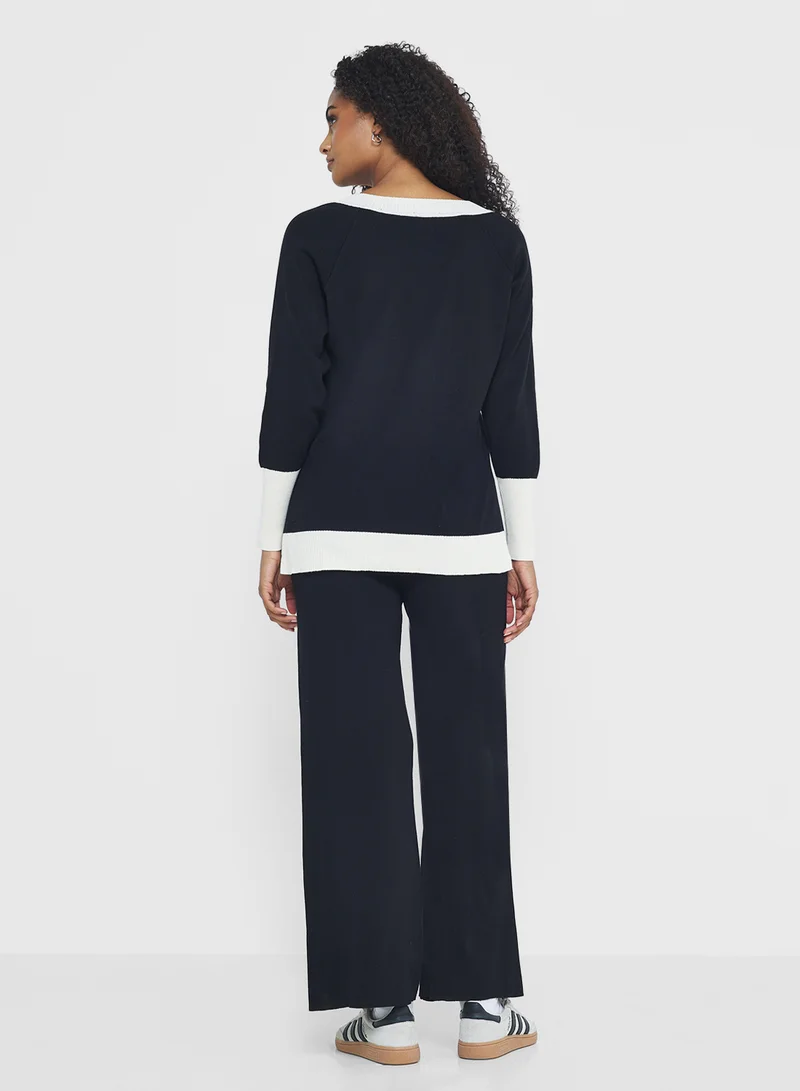 جينجر Contrast Trim Detail V Neck Sweater & Pant Set
