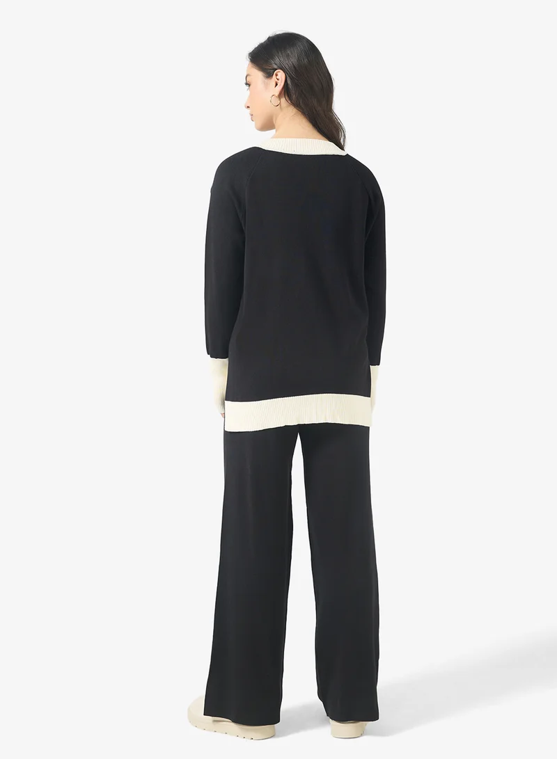 Ginger Contrast Trim Detail V Neck Sweater & Pant Set