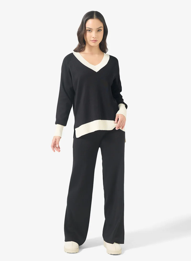 Ginger Contrast Trim Detail V Neck Sweater & Pant Set