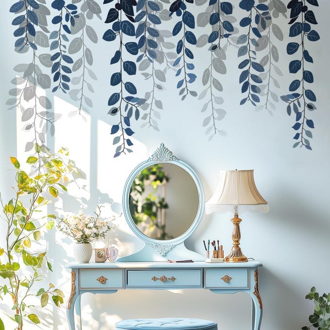 BLUE HANGING STRING OF EUCALYPTUS WALL DECALS PEEL AND STICK LARGE PLANTS VINYL WALL STICKERS REMOVABLE VINE HOME DECOR ART FOR BEDROOM LIVING ROOM CLASSROOM OFFICE