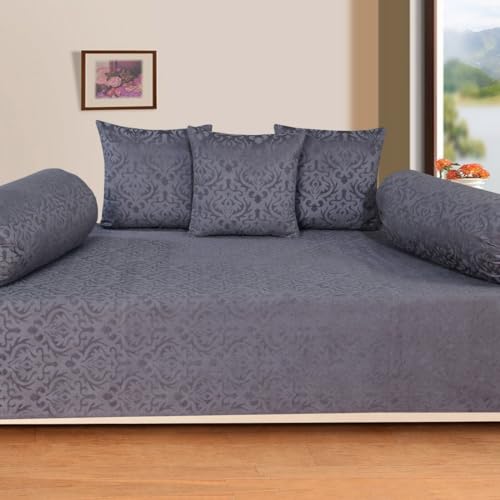 STARNSTYLE Premium Velvet Diwan Set - Bedsheet, 2pc Bolster Cover with Dori and 3pc Cushion Covers Large Set of 6 Pieces Grey - Image 1