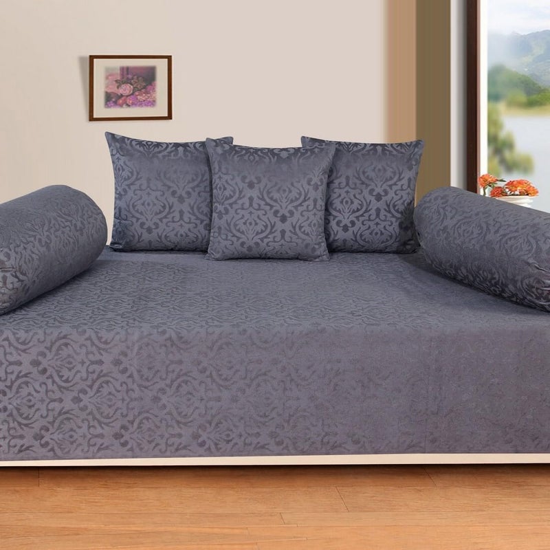 STARNSTYLE Premium Velvet Diwan Set - Bedsheet, 2pc Bolster Cover with Dori and 3pc Cushion Covers Large Set of 6 Pieces Grey - Image 3