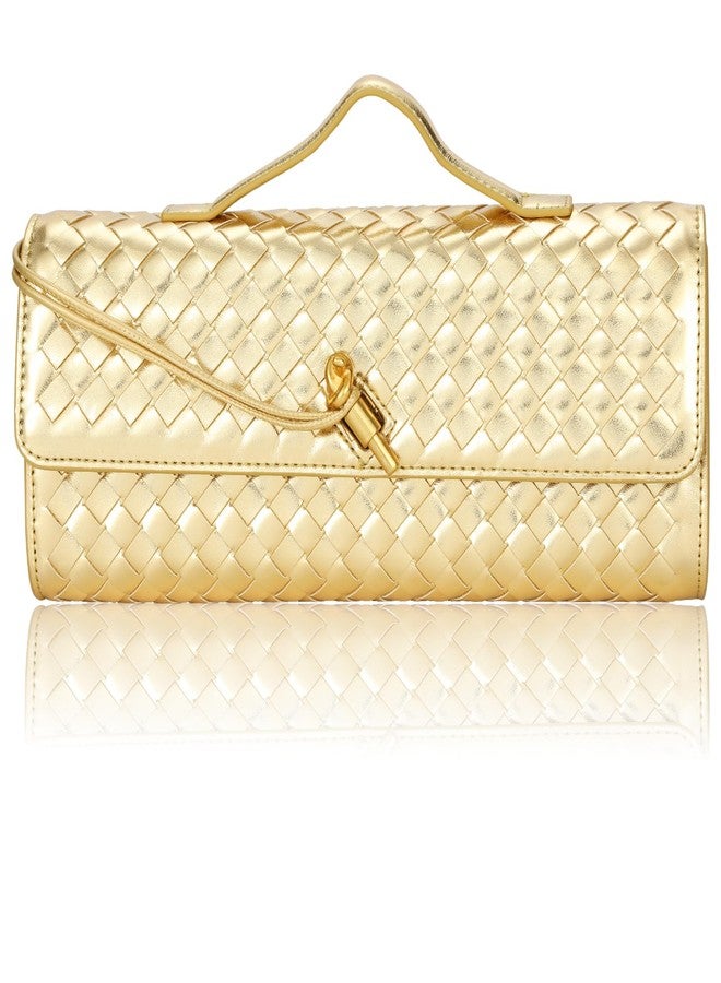 EGCUQ PU Leather Woven Gold Purse,Wedding Clutch,Woven Gold Clutch Purses For Women 11.8" x 1.7" x 4.9" - Image 1