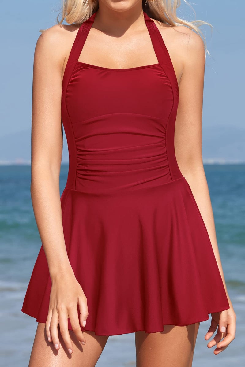 SHEKINI Women's Halter One Piece Skirt Swimsuits Ruched Swimdress Tummy Control Bathing Suit(Wine red, Small - Image 5