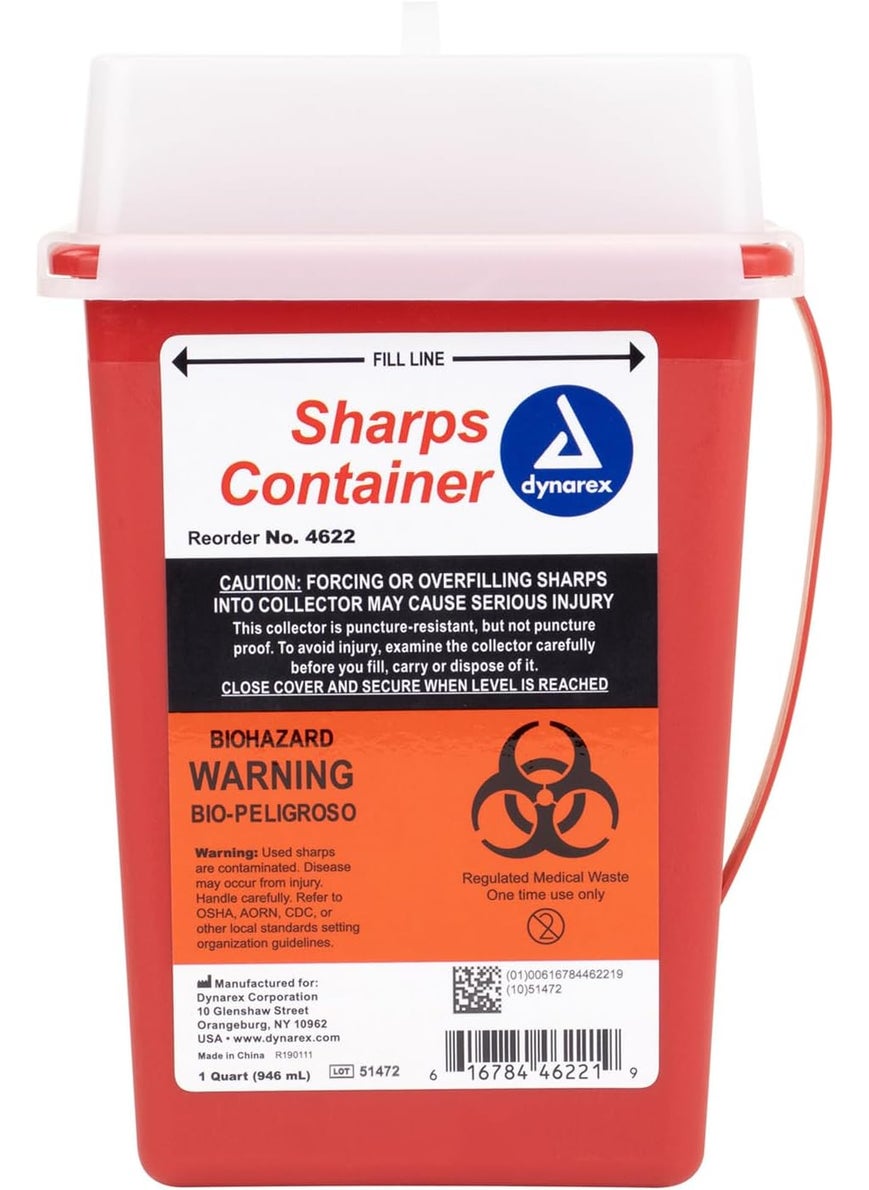 Dynarex Dynarex Sharps Container, Durable Biohazard Container for Used Medical Hypodermic Needles and Sharp Medical Instruments, Transparent Lid, 1 Quart - 1 Container 