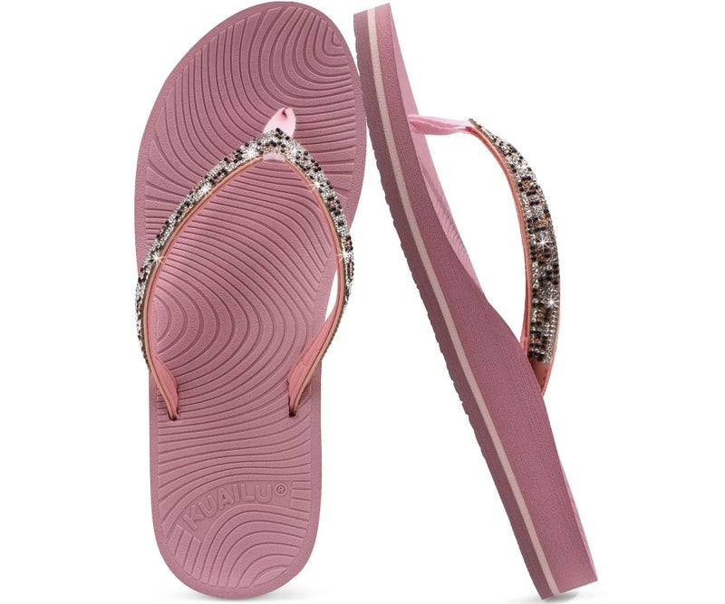 KuaiLu Women's Rhinestone Flip Flops with Comfort Arch Support Yoga Mat Cushion Sandals Fashion Summer Beach Pool Travel Orthotic Walking Thong Sandles Slip on Plantar Fasciitis Pink 8 - Image 1
