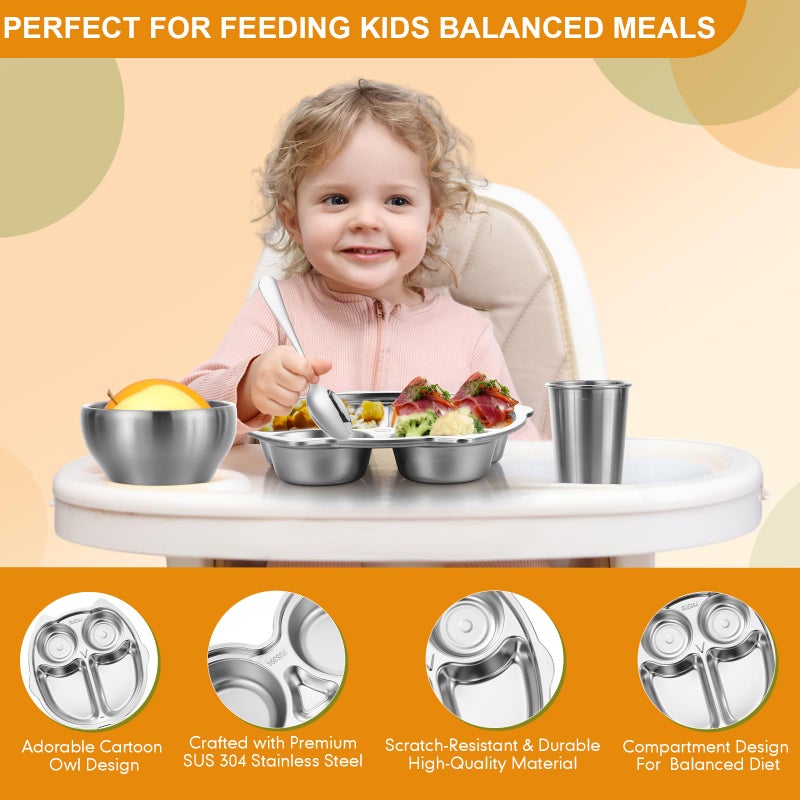 Jinei 20 Pieces Kids Stainless Steel Utensils Set Include 4 Owl Shaped Plates, 4 Bowls, 4 Cups, 4 Spoons, and 4 Forks, Stainless Steel Dinnerware Set for Toddler Utensils Silverware - Image 4