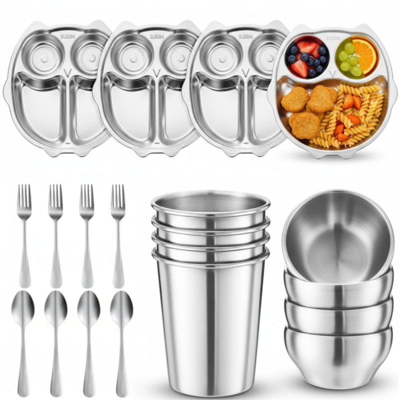 Jinei 20 Pieces Kids Stainless Steel Utensils Set Include 4 Owl Shaped Plates, 4 Bowls, 4 Cups, 4 Spoons, and 4 Forks, Stainless Steel Dinnerware Set for Toddler Utensils Silverware - Image 1