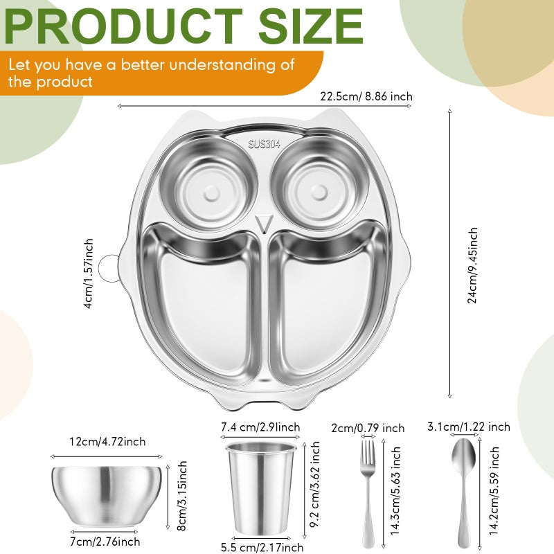 Jinei 20 Pieces Kids Stainless Steel Utensils Set Include 4 Owl Shaped Plates, 4 Bowls, 4 Cups, 4 Spoons, and 4 Forks, Stainless Steel Dinnerware Set for Toddler Utensils Silverware - Image 2
