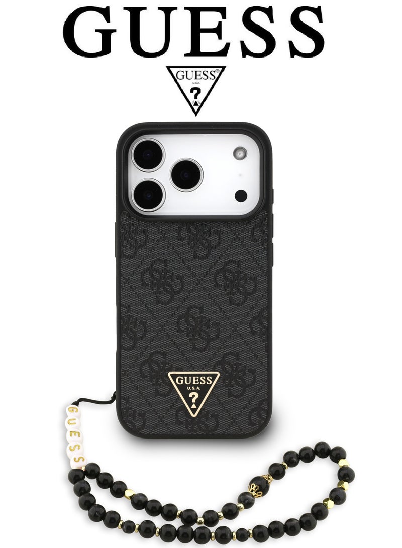 CG MOBILE Luxury embossed leather iPhone 17 Pro case with bracelet. MagSafe wireless charging iPhone cover iphone 17 pro. Shockproof, durable back protection iphone 17 pro back cover. French-designed, elegant iphone 17 pro cover, certified in partnership with GUESS and CG MOBILE. Black phone case. - Image 1