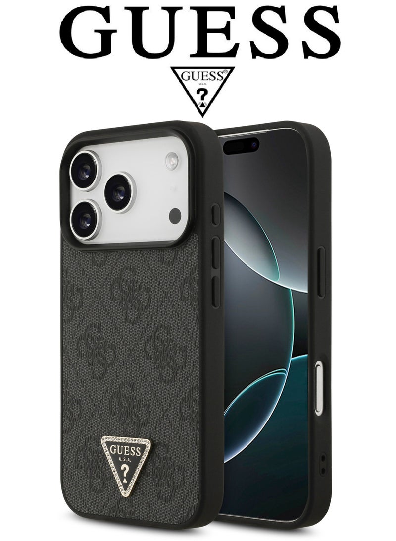 CG MOBILE Luxury embossed leather iPhone 17 Pro case with bracelet. MagSafe wireless charging iPhone cover iphone 17 pro. Shockproof, durable back protection iphone 17 pro back cover. French-designed, elegant iphone 17 pro cover, certified in partnership with GUESS and CG MOBILE. Black phone case. - Image 2