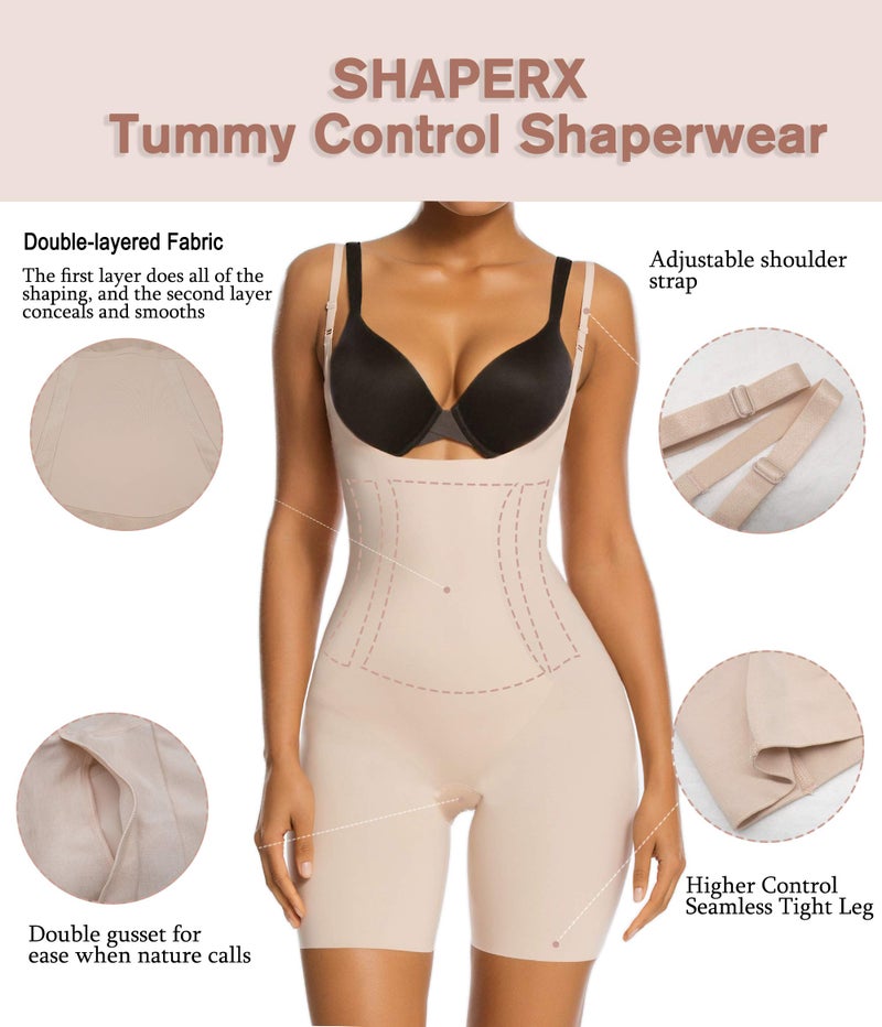 SHAPERX Shapewear for Women Tummy Control Open Bust Thigh Slimmer Body Shaper, SZ2490293-Beige-XL - Image 4