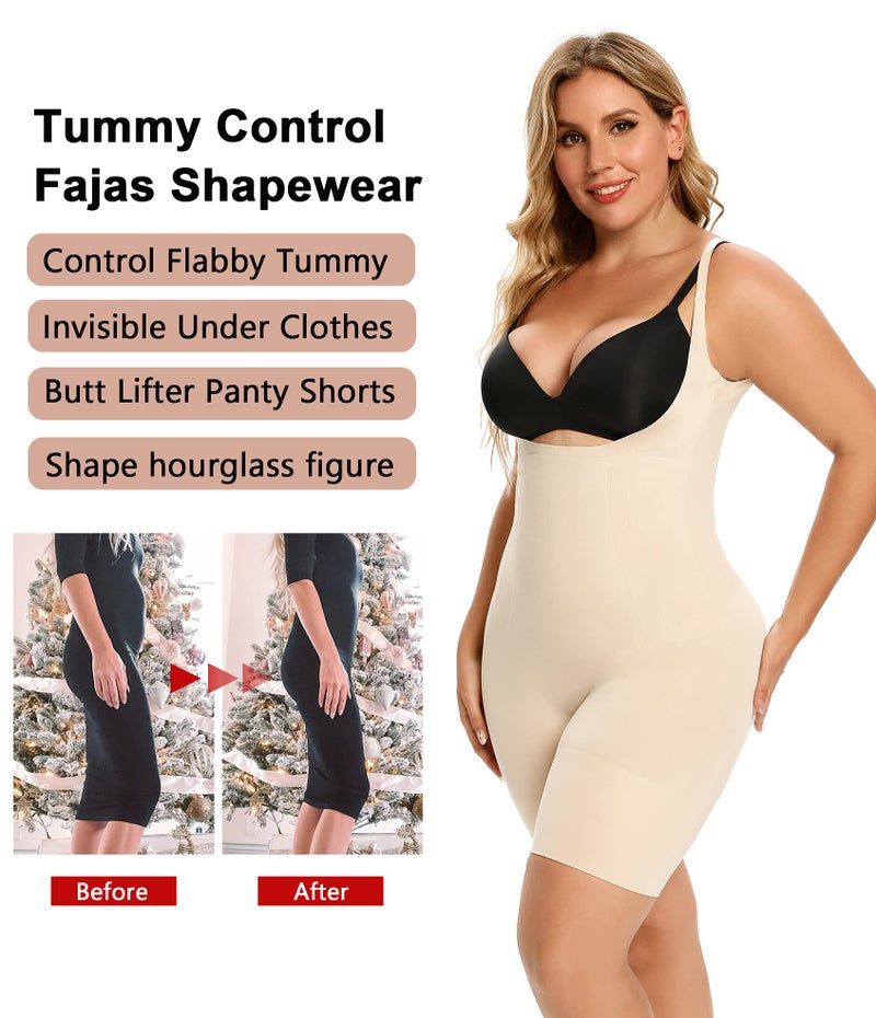 SHAPERX Shapewear for Women Tummy Control Open Bust Thigh Slimmer Body Shaper, SZ2490293-Beige-XL - Image 5