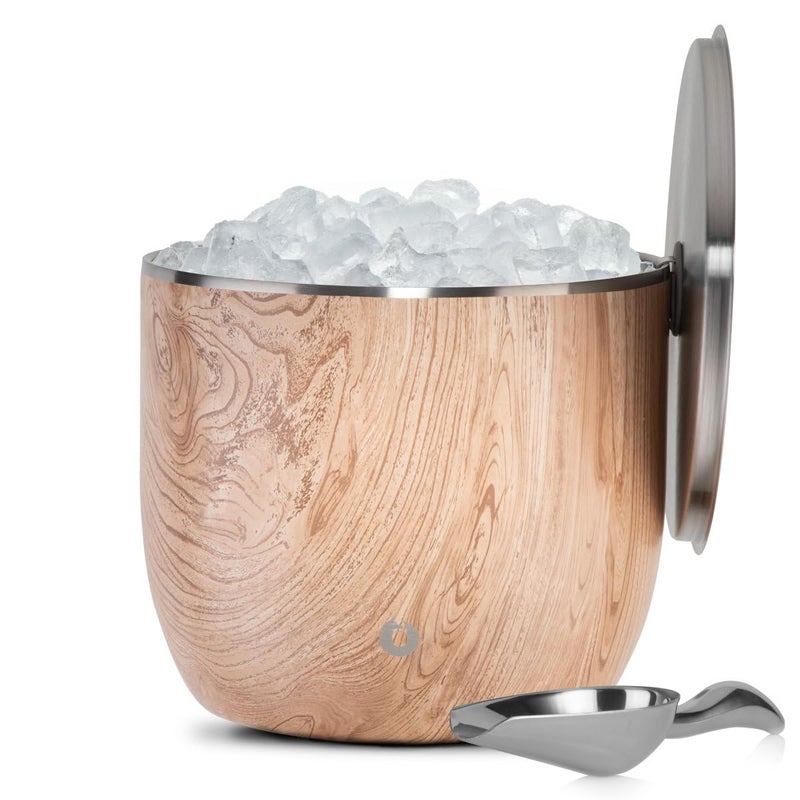 Snowfox SNOWFOX XL Premium Vacuum Insulated Double Wall Stainless Steel Ice Bucket with LidScoop Bar Accessories Large Elegant Party Bucket Chill Several Bottles Beautiful Entertaining 7L Natural Teak 