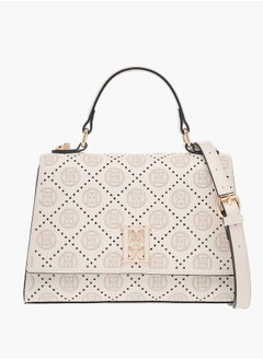 ELLE Monogram Embroidered Satchel Bag with Detachable Strap and Flap Closure  - Image 1