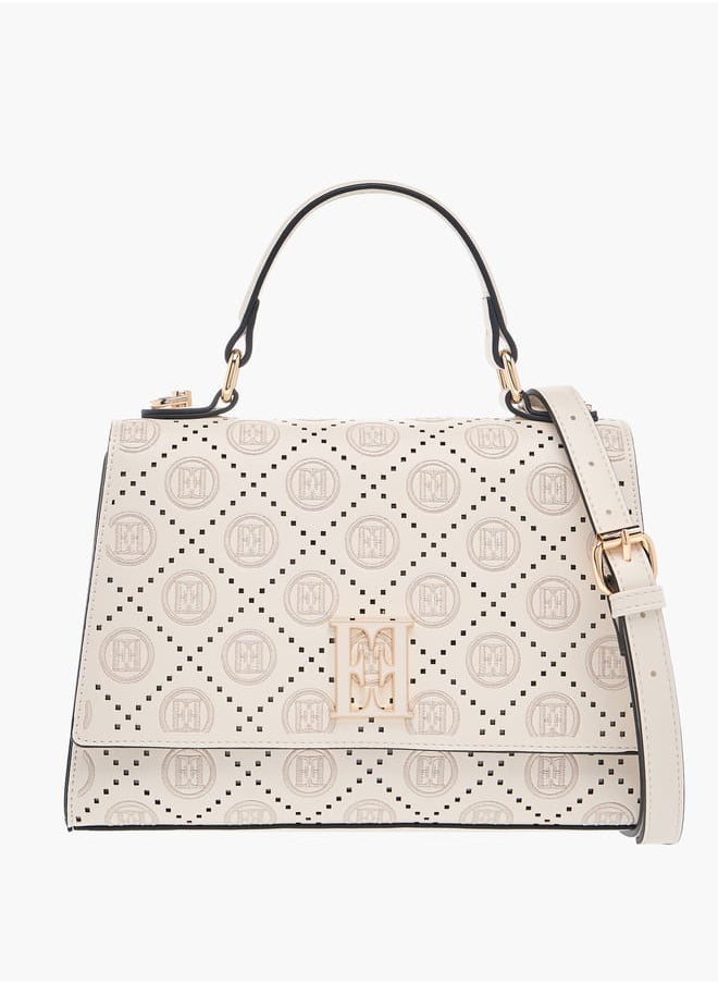 ELLE - Monogram Embroidered Satchel Bag with Detachable Strap and Flap Closure - Image 1