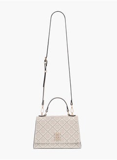 ELLE Monogram Embroidered Satchel Bag with Detachable Strap and Flap Closure  - Image 2