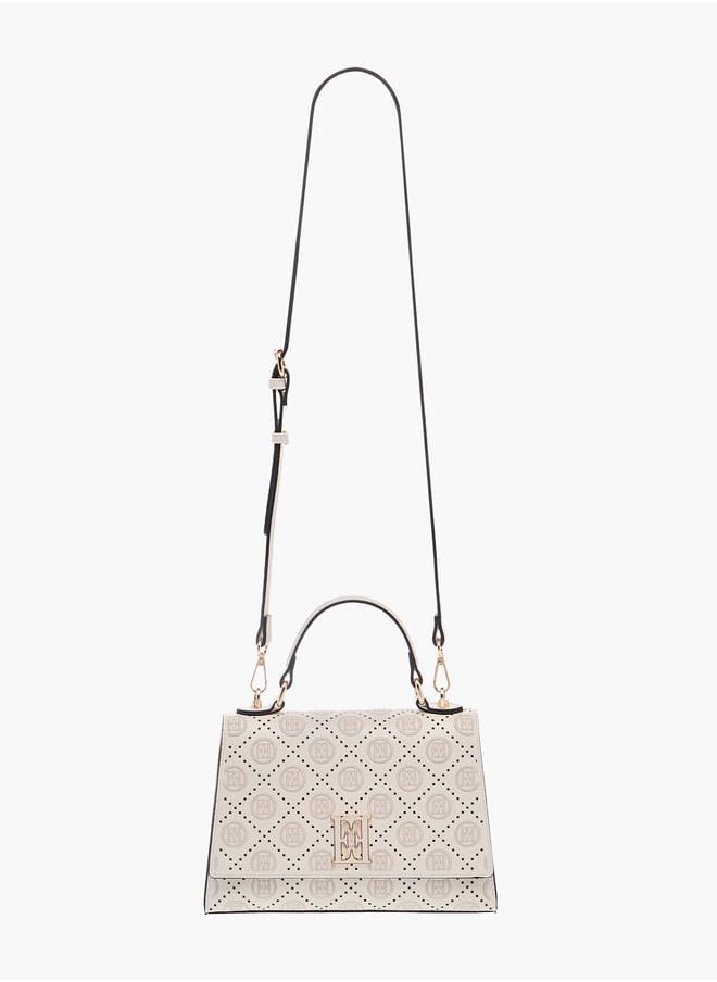ELLE - Monogram Embroidered Satchel Bag with Detachable Strap and Flap Closure - Image 1