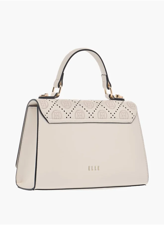 ELLE Monogram Embroidered Satchel Bag with Detachable Strap and Flap Closure