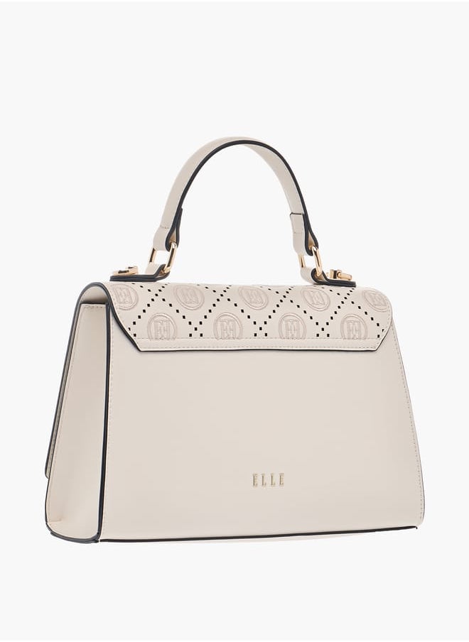 ELLE - Monogram Embroidered Satchel Bag with Detachable Strap and Flap Closure - Image 1