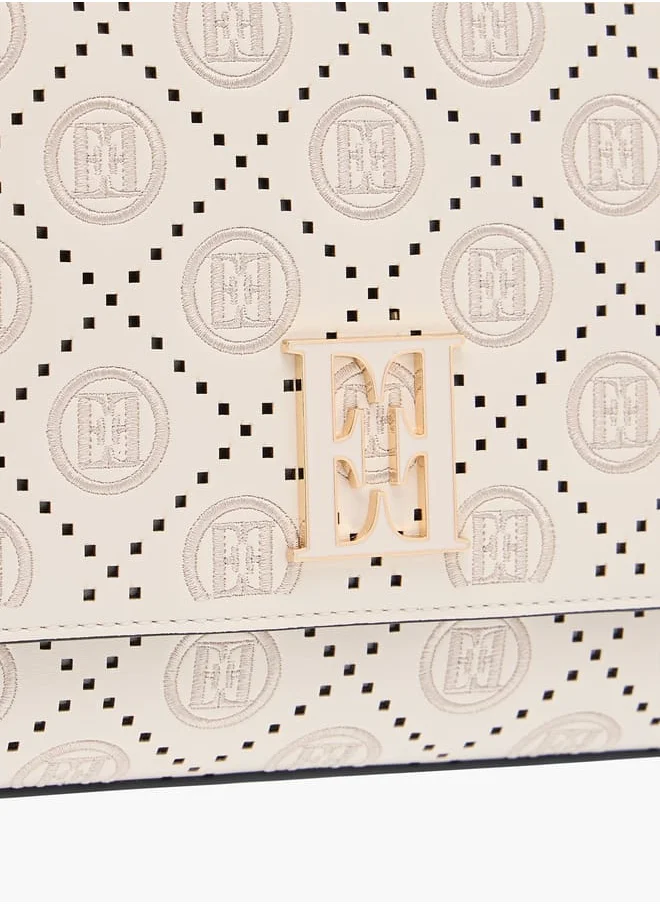ELLE Monogram Embroidered Satchel Bag with Detachable Strap and Flap Closure
