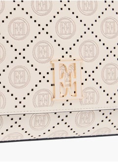 ELLE Monogram Embroidered Satchel Bag with Detachable Strap and Flap Closure  - Image 4