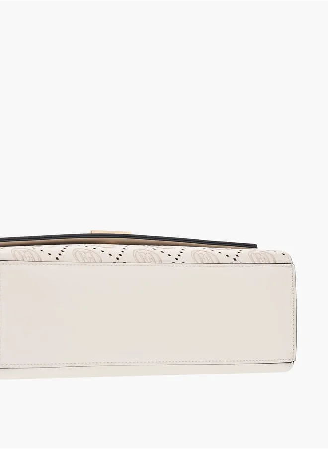 ELLE Monogram Embroidered Satchel Bag with Detachable Strap and Flap Closure