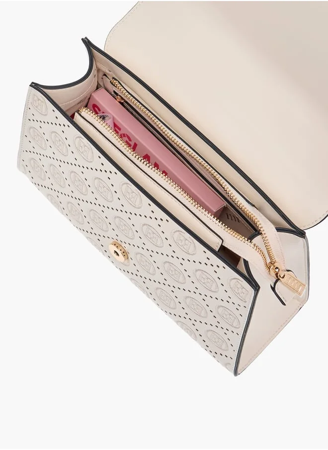 ELLE Monogram Embroidered Satchel Bag with Detachable Strap and Flap Closure
