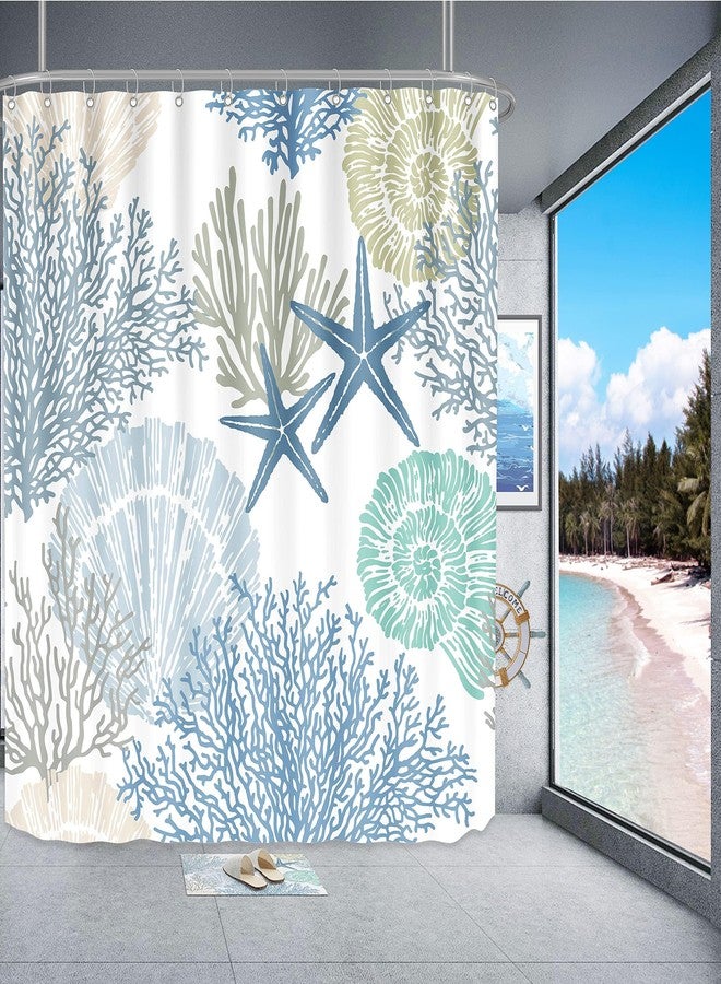 Tritard Nautical Coastal Waterproof Fabric Shower Curtain Starfish Seashell Coral Beach Themed Bath Curtain Ocean Shower Curtains for Bathroom with 12 Hooks, 72x72, Blue - Image 3