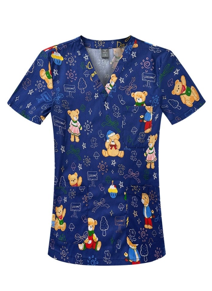 Loquat Unisex Printed V-Neck Medical Uniform Scrubs Top for Women/Men Workwear 