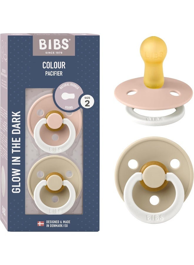 BIBS Colour Glow Soother 2-Pack, Glow in The Dark BPA Free Dummy Pacifier, Round Natural Rubber Latex, Size 2 (6-18 Months), Blush Night/Vanilla Night - Image 1