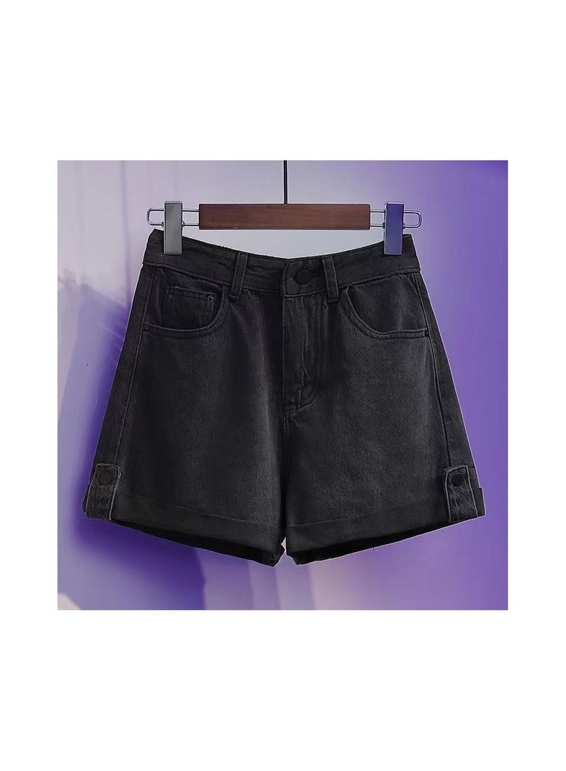 1-Piece Ladies and Girls Short Jeans,Summer Thin Trendy Loose Fitting Womens Denim Shorts,Casual and Versatile Girls Jeans Shorts,Colour Black,Size S - Image 1