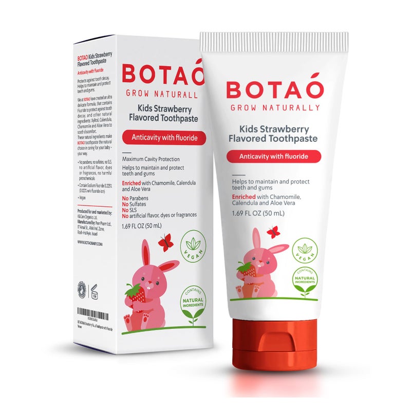 Botao Kids Natural Strawberry Flavored Anticavity Fluoride Toothpaste Maximum Cavity Protection Cleans Childrenâ€™s Teeth Protects Gums Chamomile Aloe Vera Calendula Xylitol for Ages 2 and Up - Image 1