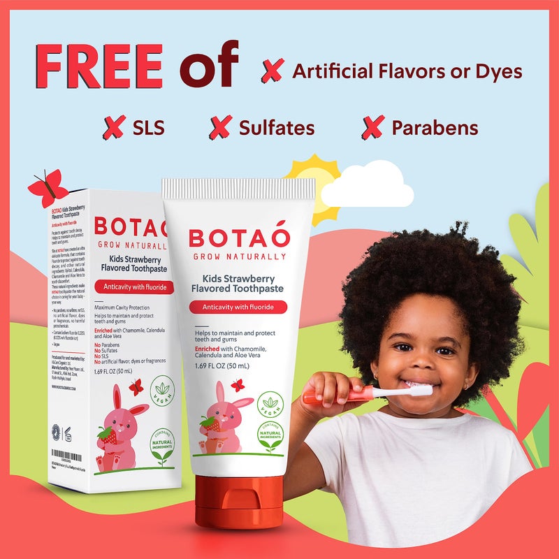 Botao Kids Natural Strawberry Flavored Anticavity Fluoride Toothpaste Maximum Cavity Protection Cleans Childrenâ€™s Teeth Protects Gums Chamomile Aloe Vera Calendula Xylitol for Ages 2 and Up - Image 2