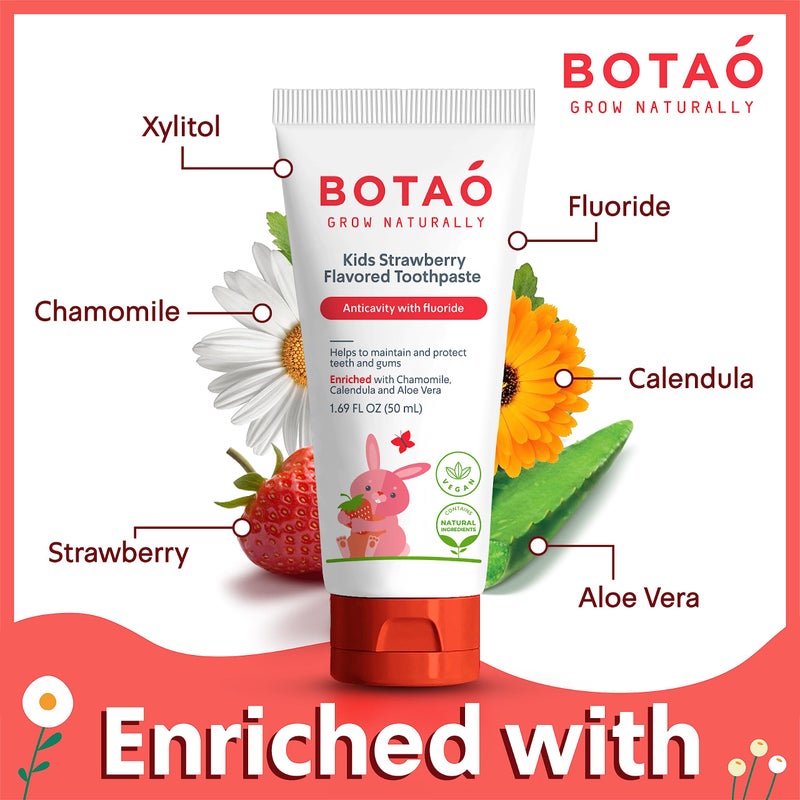 Botao Kids Natural Strawberry Flavored Anticavity Fluoride Toothpaste Maximum Cavity Protection Cleans Childrenâ€™s Teeth Protects Gums Chamomile Aloe Vera Calendula Xylitol for Ages 2 and Up - Image 4