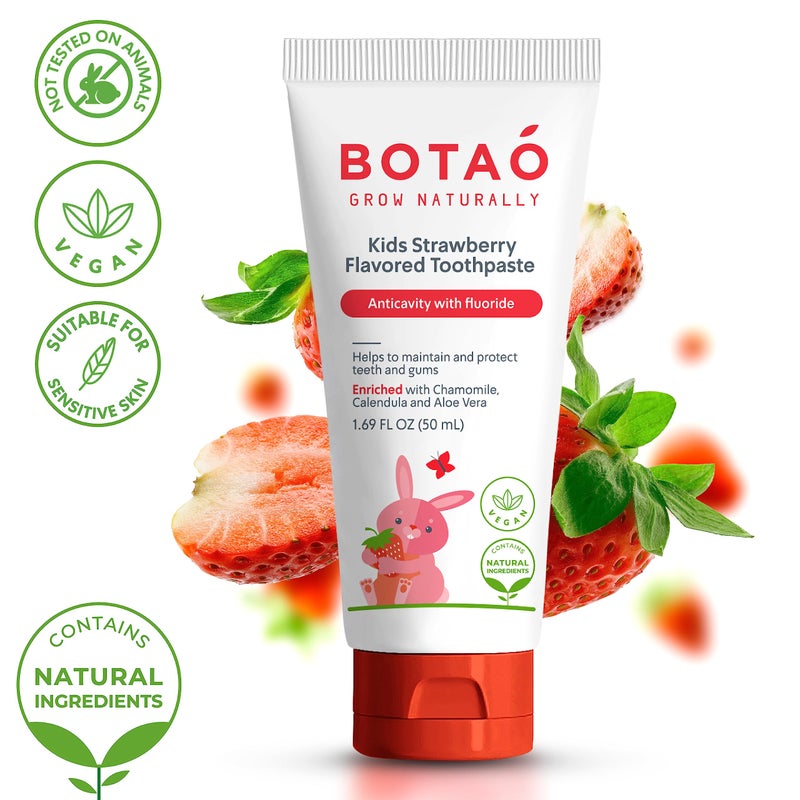 Botao Kids Natural Strawberry Flavored Anticavity Fluoride Toothpaste Maximum Cavity Protection Cleans Childrenâ€™s Teeth Protects Gums Chamomile Aloe Vera Calendula Xylitol for Ages 2 and Up - Image 3