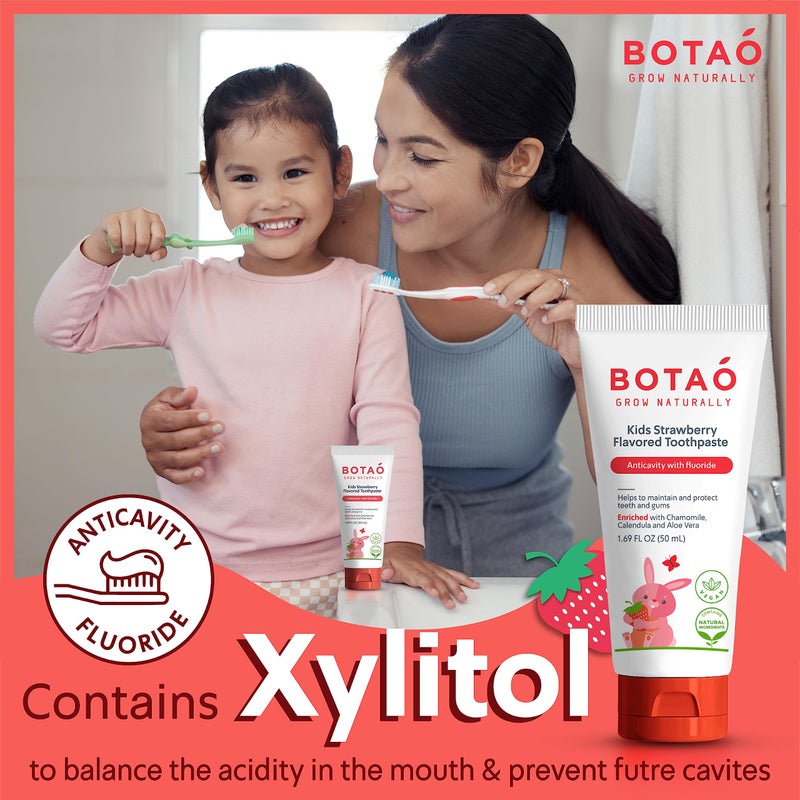 Botao Kids Natural Strawberry Flavored Anticavity Fluoride Toothpaste Maximum Cavity Protection Cleans Childrenâ€™s Teeth Protects Gums Chamomile Aloe Vera Calendula Xylitol for Ages 2 and Up - Image 5