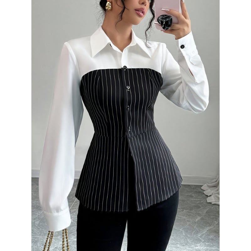 In-Stock 2024 Shirt Collar Single-Breasted Patchwork Striped Shirt - Image 5