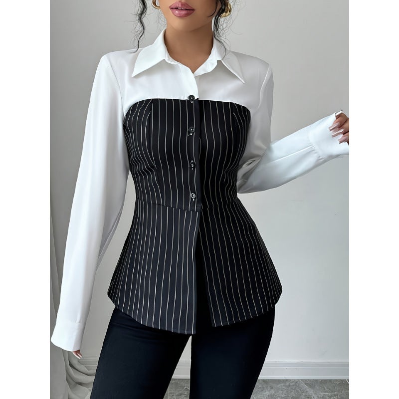 In-Stock 2024 Shirt Collar Single-Breasted Patchwork Striped Shirt - Image 3