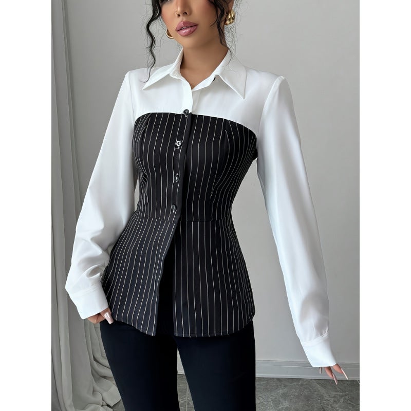 In-Stock 2024 Shirt Collar Single-Breasted Patchwork Striped Shirt - Image 2