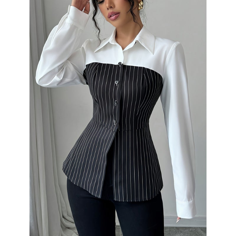 In-Stock 2024 Shirt Collar Single-Breasted Patchwork Striped Shirt - Image 4