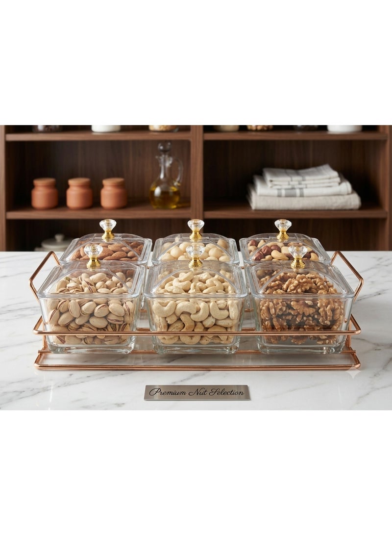 Luxury 6-Jar Glass Serving Bowl Set with Gold Tray & Crystal Lids for Nuts, Candy, and Snacks - Shape 1